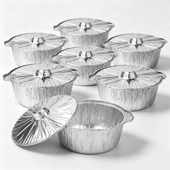 Aluminum Foil Food Pots with Lids, 7 Sets Disposable Round Foil Pans, for BBQ, Baking, Picnics, Microwave & Air Fryer, 8.25 inch