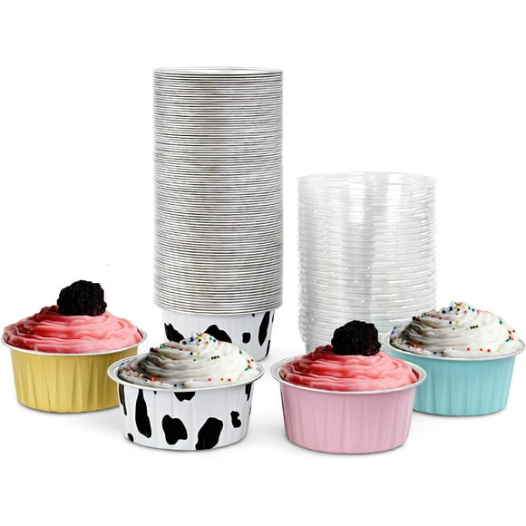 Aluminum Foil Mini Cake Pans with Lids - 100pk 4 Color Disposable Ramekins 4.2oz Muffin Tins Cupcake Liners