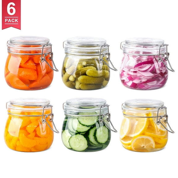 FOUKUS Glass Jars with Airtight Lid 6 Pack: 17oz Food Storage Containers with Lids, Clear Round Canisters, Spice Jars with Clamp for Sugar, Coffee, Pasta, Beans, Cereal, Pantry Organization