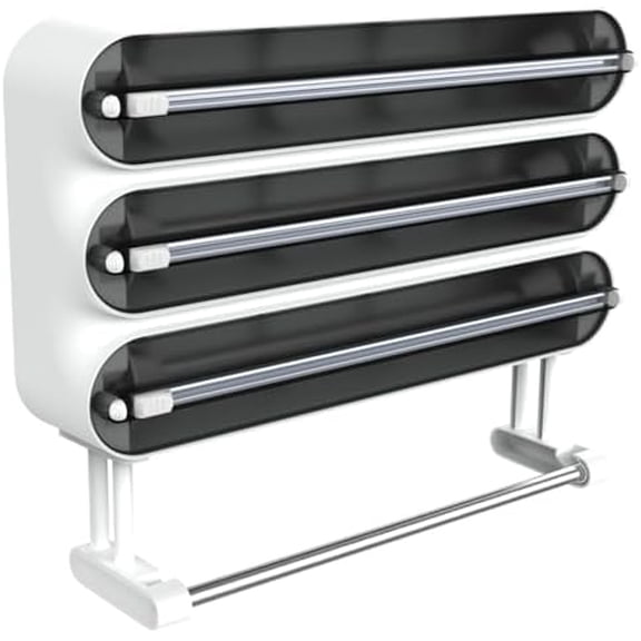 Aluminum Foil & Plastic Wrap Dispenser with Cutter - Magnetic & No-Drill Wall Mount, Cling Film Dispenser with , Space-Saving 4-in-1 Kitchen Organizer - Fits 12" Roll, Black