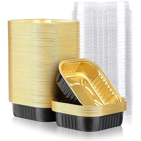 Aluminum Foil Ramekin Cups With Lids, 100 Pack 8.5oz 250ml 4 Inch Mini Disposable Square Foil Ramekins Aluminum Oven Baking Brownie Cupcake Cup Tins for Party - Black Gold