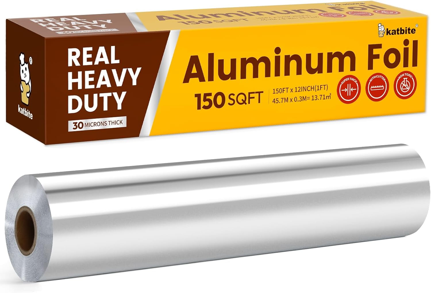 Aluminum Foil Roll, Heavy Duty 12inx150ft, 30 Micron Thick Strong Foils Aluminum Roll with Cutter for Home Cooking, Catering, Grilling,150Sqft