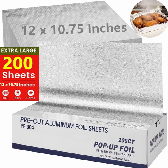 Aluminum Foil Sheets, 200 Count 12" x 10.75" Tin foil Aluminum Wraps Pre-Cut Pop-Up Dispenser for Food Wrap, Hot Dog or Sandwich Wrap, Food Storage, Baking, Kitchen Use