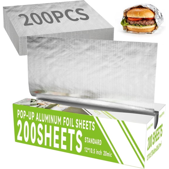 Aluminum Foil Sheets - 200 Count Pre Cut Tinfoil, 12" x 10.5" Inch Pre Cut Foil Sheets for Food, Hot Dog or Sandwich Wrap, Food Storage, Baking, Catering, Restaurant, Kitchen Use