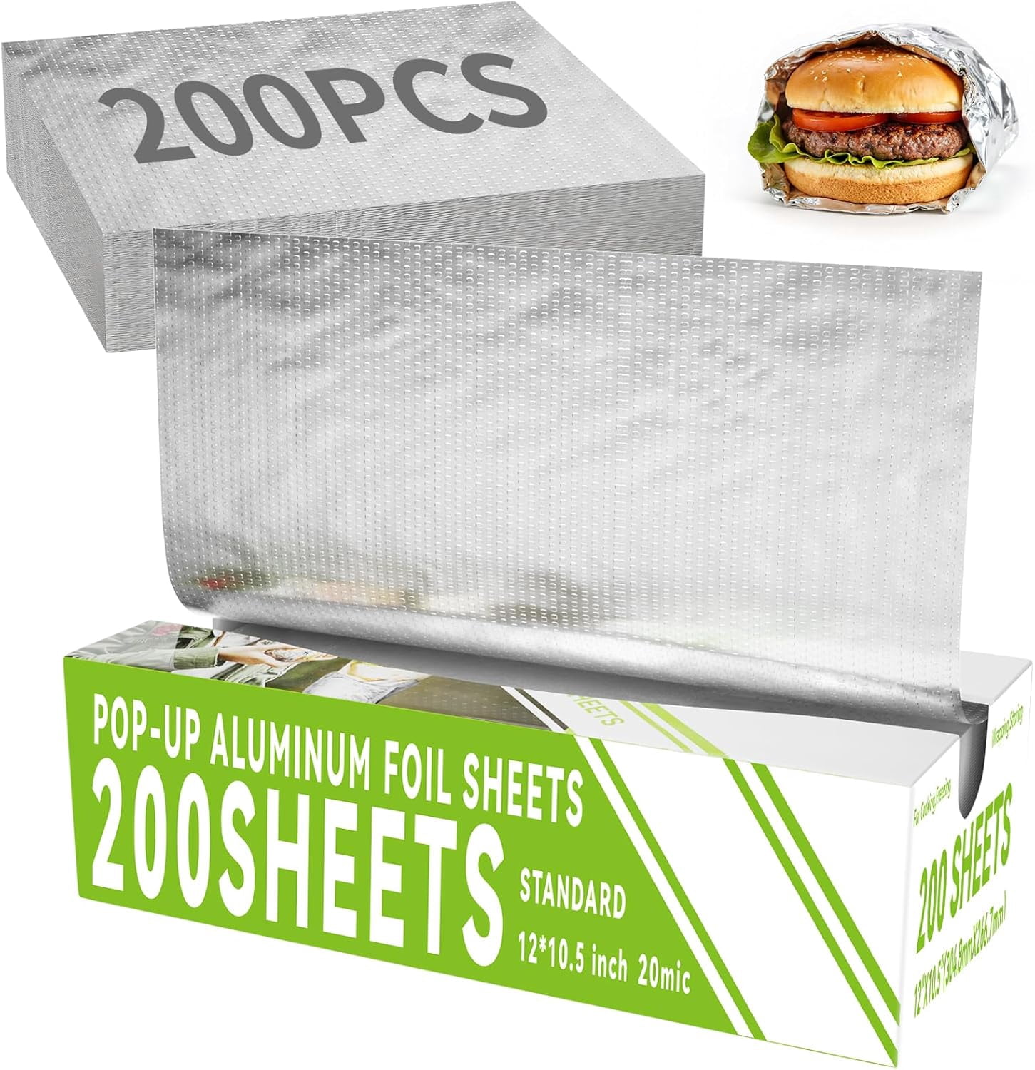 Aluminum Foil Sheets - 200 Count Pre Cut Tinfoil, 12" x 10.6" Inch for Food, Hot Dog or Sandwich Wrap, Food Storage, Baking, Catering, Restaurant, Kitchen Use