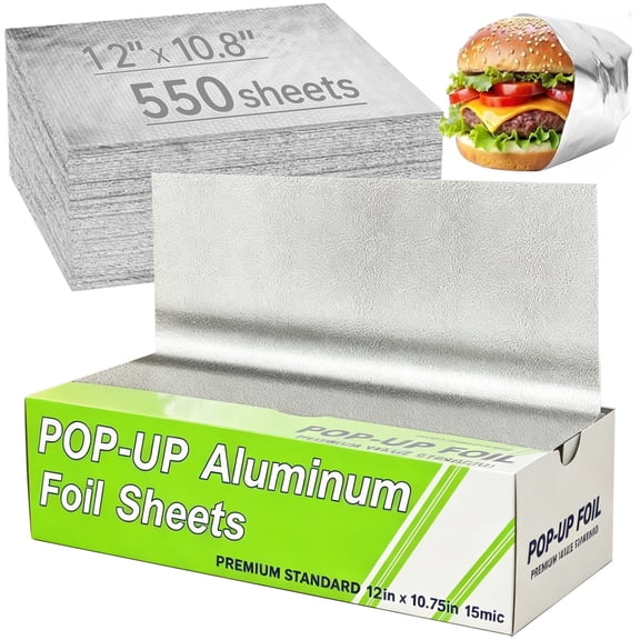Aluminum Foil Sheets,  550 Count 12" x 10.75" Tin Foils Sheets Aluminum Wraps Pre-Cut Pop-Up Dispenser for Food Wrap, Hot Dog or Sandwich Wrap, Food Storage, Baking, Kitchen Use