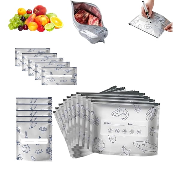 Aluminum Foil Storage Bags for Freezing, Bolsas De Aluminio Para Congelar, Heavy Duty Stand-Up Freezer Pouches with Airtight Zip Lock & Labels, 3 Multi-sizes for Vegetable Fruit Meat