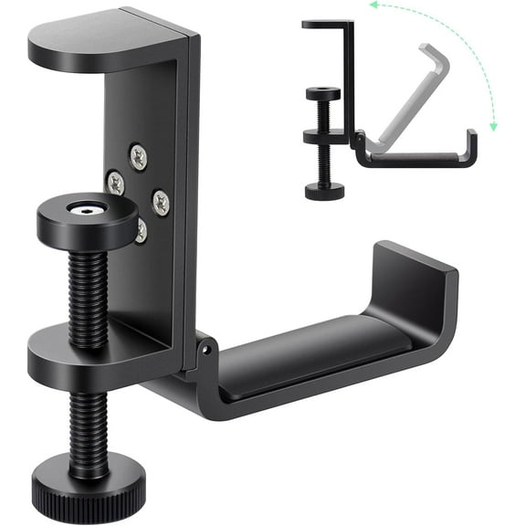 All Aluminum Foldable Headphone Holder for Desk, Headset Stand for Desk,Backpack Holder Hook for Desk,Table Bag Hook,Under Desk Clamp Hook for Gaming PC Accessories,Black