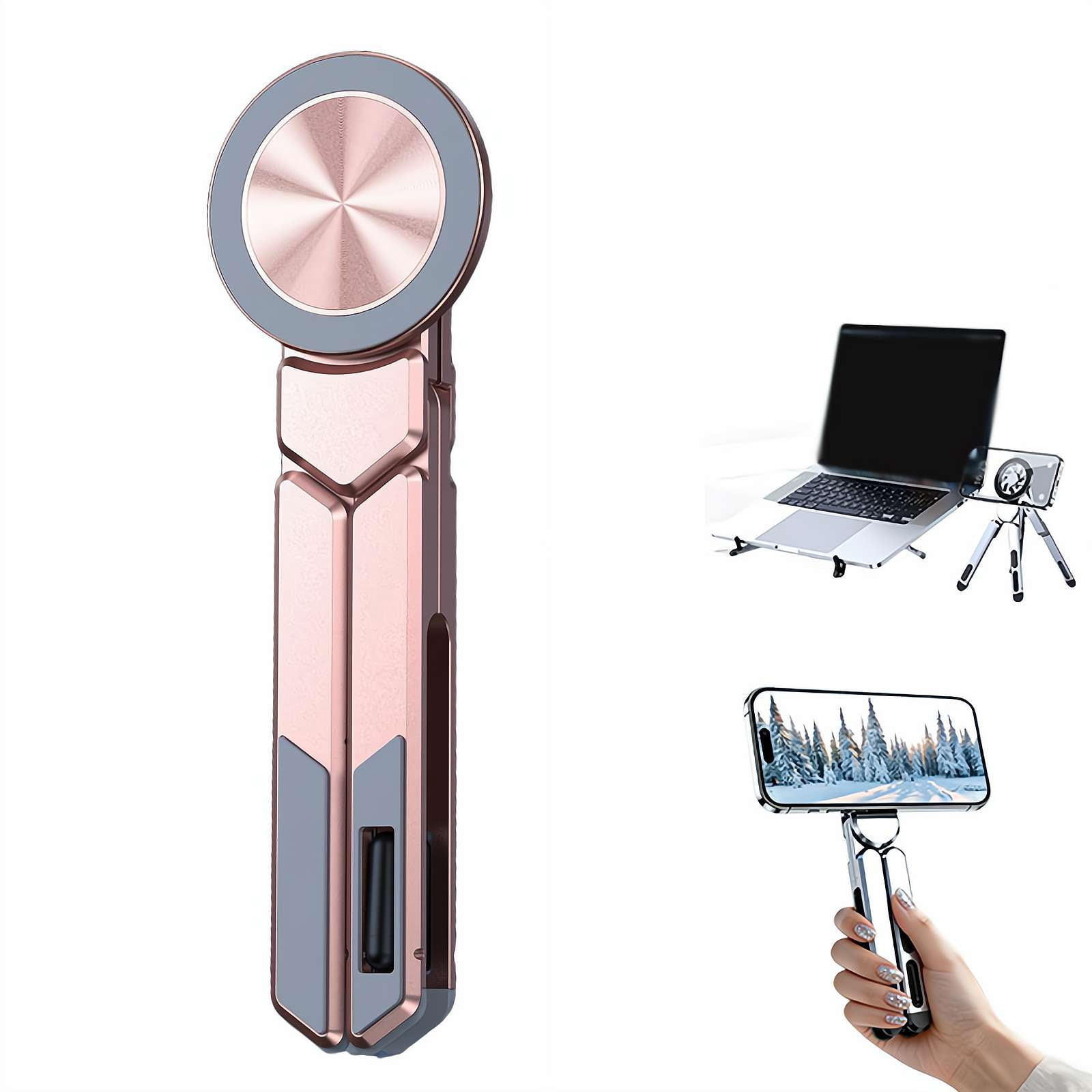 Aluminum Foldable Laptop Stand for Desk & Travel, Magnetic Grip Multi-Angle Support for Phones 4.7-16", Tablets, iPad, 3-in-1 Portable Computer Riser