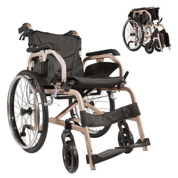 Aluminum Foldable Lightweight Adult Wheelchair, New Square Tube Design, 18 Inch Seat, Locking Hand Brakes, 22 Inch Rear Wheels, Champagne Gold