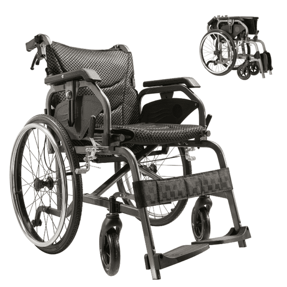 Aluminum Foldable Lightweight Adult Wheelchair, Square Tube Frame, 18 Inch Seat, 22 Inch Rear PU Wheels, Liftable Armrests, Anti-Rollback Device, Black & Gray