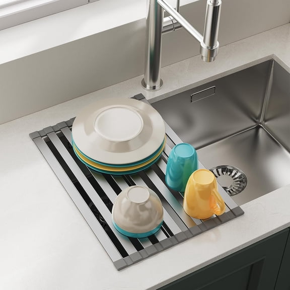 Aluminum Foldable Over Sink Dish Drying Rack, Roll Up Kitchen Drainer Rack Gray