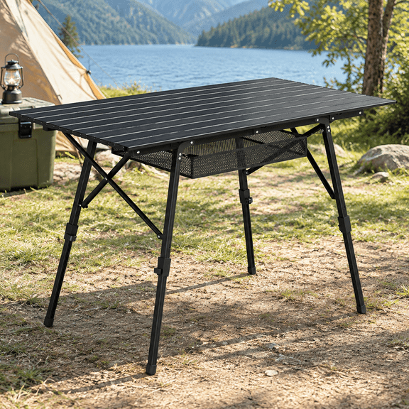Aluminum Folding Camping Table, Adjustable Height & Portable, Black