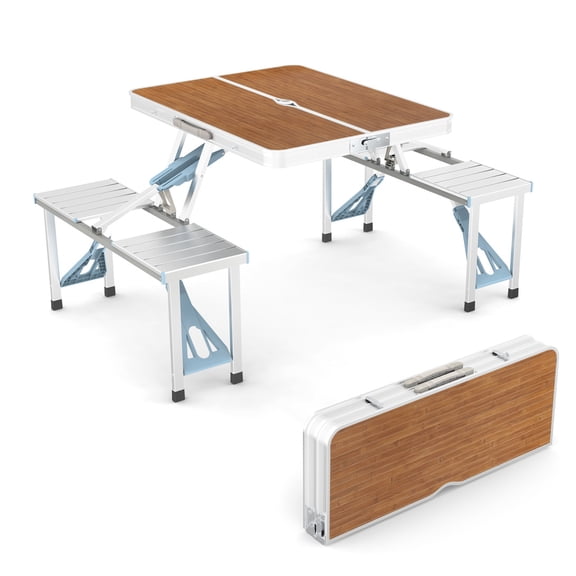 Aluminum Folding Camping Table and Chairs Set, Portable Picnic Table with Seats and Umbrella Hole, Lightweight Card Suitcase Table with Soft Handles for Outdoor BBQ Party