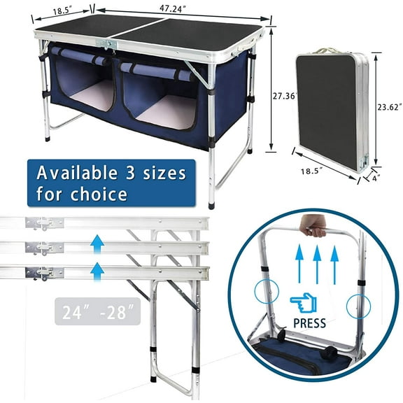 Outdoor Folding Table Aluminum Lightweight Height Adjustable with Storage Organizer for BBQ, Party, Camping