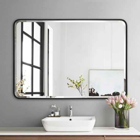 Aluminum Frame Beveled Glass Bathroom Wall Mirror with Round Corner 36"x48"