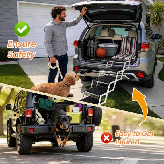 Aluminum Frame Foldable Dog Stairs, 5 Steps Heavy Duty Pet Ramp with Non Slip Surface and Soft Foam Handle, Dogs Stairs for Cars, High Beds, Truck, Supports up to 250 lbs