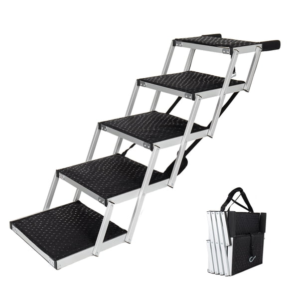 Aluminum Frame Foldable Dog Stairs, 5 Steps Heavy Duty Pet Ramp with Non Slip Surface and Soft Foam Handle, Dogs Stairs for Cars, High Beds, Truck, Supports up to 250 lbs