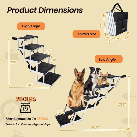 Aluminum Frame Foldable Dog Stairs, 5 Steps Heavy Duty Pet Ramp with Non Sl