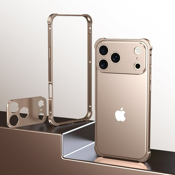 Aluminum Frame for iPhone 17 Pro Metal Bumper Frame Slim Hard Case Cover, Metal Frame with Camera Lens Protective Cover, No Backplane, Corners Drop Protection for iPhone 17 Pro, Desertgold