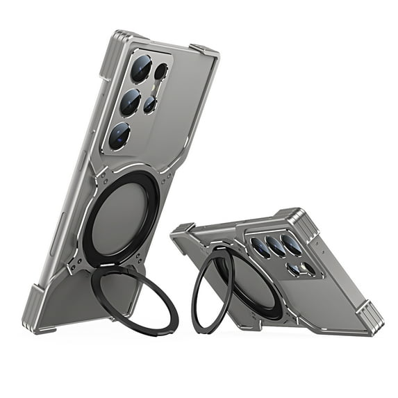 Aluminum Frameless Bumper Case for Samsung Galaxy S24 Ultra with Kickstand 360° Rotatable Magnetic Stand,Bezel Less Minimalist Metal Slim Hard Shockproof Case with Ring Holder for Men,Gray+Silver