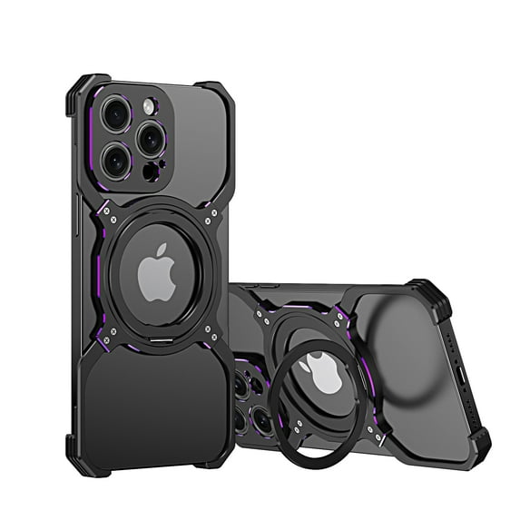 Aluminum Frameless Bumper Case for iPhone 13 Pro Max with Kickstand 360° Rotatable Magnetic Stand,Bezel Less Minimalist Metal Slim Hard Shockproof Ultra Thin Case with Ring Holder for Men,Black+Purple