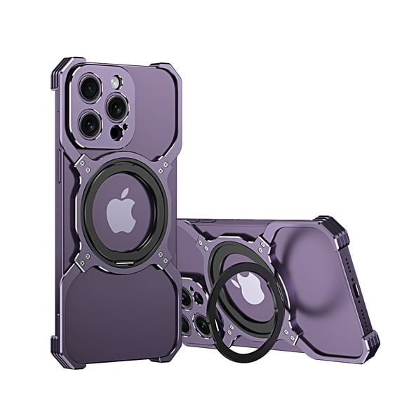 Aluminum Frameless Bumper Case for iPhone 14 Pro with Kickstand 360° Rotatable Magnetic Stand,Bezel Less Minimalist Metal Slim Hard Shockproof Ultra Thin Case with Ring Holder for Men,Darkpurple