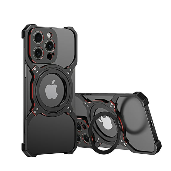 Aluminum Frameless Bumper Case for iPhone 15 with Kickstand 360° Rotatable Magnetic Stand,Bezel Less Minimalist Metal Slim Hard Shockproof Ultra Thin Case with Ring Holder for Men,Black+Red