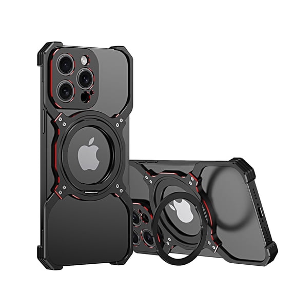 Aluminum Frameless Bumper Case for iPhone 15 Pro Max with Kickstand 360° Rotatable Magnetic Stand,Bezel Less Minimalist Metal Slim Hard Shockproof Ultra Thin Case with Ring Holder for Men,Black+Red