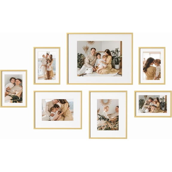 Aluminum Gallery Wall Frame Set of 7, Including 1Pc 11x14, 2Pcs 8x10, 4Pcs 5x7 Photo Frames for Wall or Tabletop Display, Multiple Sizes Picture Frames Collage Wall Decor, Gold