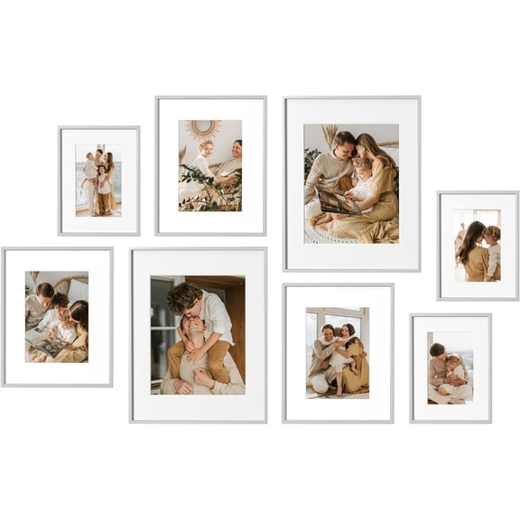 Aluminum Gallery Wall Frame Set of 7, Including 1Pc 11x14, 2Pcs 8x10, 4Pcs 5x7 Photo Frames for Wall or Tabletop Display, Multiple Sizes Picture Frames Collage Wall Decor