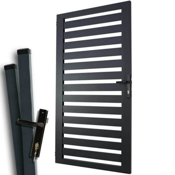 Aluminum Gate 40in x 65in - Black Modern Horizontal Slat Design Gate