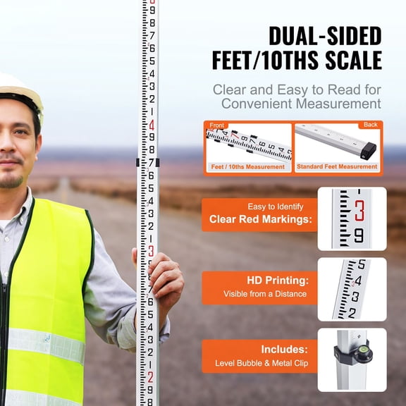 Aluminum Grade Rod, 14-Feet/10ths 6 Sections Telescopic Measuring Rod,Double-Sided Scale 1/10 ft Leveling Rod Stick,Aluminum Alloy Survey Rod w/ Bubble Level&Carrying Bag for Houses,Walls,Floors