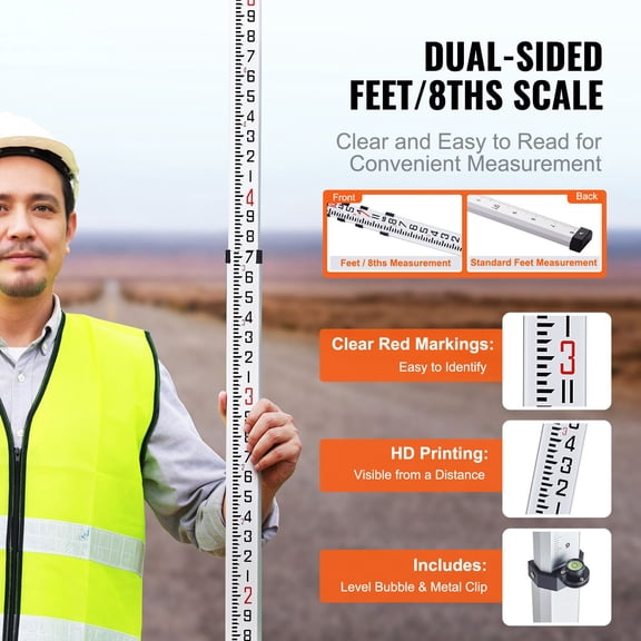 Aluminum Grade Rod,14-Feet/8ths 4 Sections Telescopic Measuring Rod,Double-Sided Scale 1/8in Leveling Rod Stick,Aluminum Alloy Survey Rod w/ Bubble Level&Carrying Bag for Houses,Walls,Floors