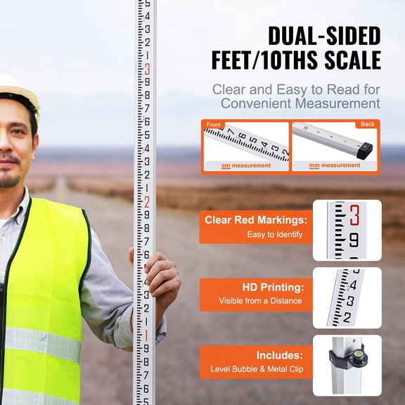 Aluminum Grade Rod, 16-Feet/10ths 4 Sections Telescopic Measuring Rod,Double-Sided Scale 1/10ft Leveling Rod Stick,Aluminum Alloy Survey Rod w/ Bubble Level &Carrying Bag for Houses,Walls,Floors