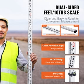 Aluminum Grade Rod 16-Feet 10ths 4 Sections Telescopic Measuring Rod Double-Sided Scale 1/10ft Leveling Stick Aluminum Alloy Survey Rod with Bubble Level and Carrying Bag for Houses Walls Floors