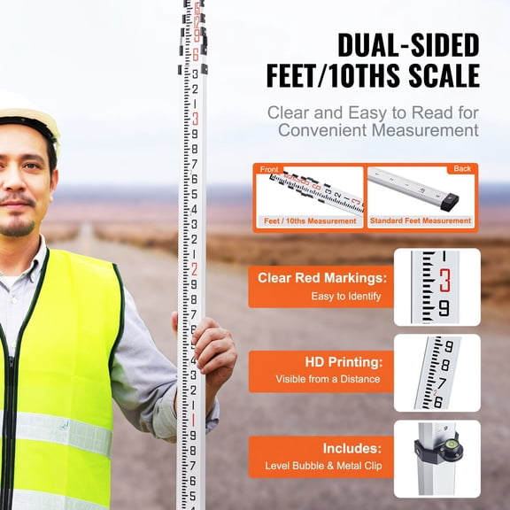 Aluminum Grade Rod 18-Feet/10ths 6 Sections Telescopic Measuring Rod, specification 18 ft-10 ths, Double-Sided Scale 1/10ft Leveling Rod Stick, floor care solution for wet high-traffic and work areas