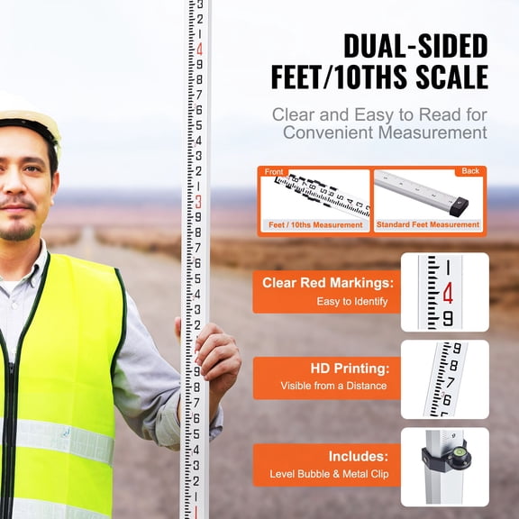 Aluminum Grade Rod, 25-Feet/10ths 6 Sections Telescopic Measuring Rod,Double-Sided Scale 1/10ft Leveling Rod Stick,Aluminum Alloy Survey Rod w/ Bubble Level &Carrying Bag for Houses,Walls,Floors