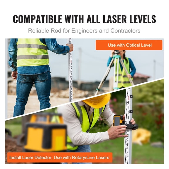 Aluminum Grade Rod 9-Feet 10ths 3 Sections Telescopic Measuring Rod Double-Sided Scale 1/10ft Leveling Stick Aluminum Alloy Survey Rod with Bubble Level and Carrying Bag for Houses Walls Floors