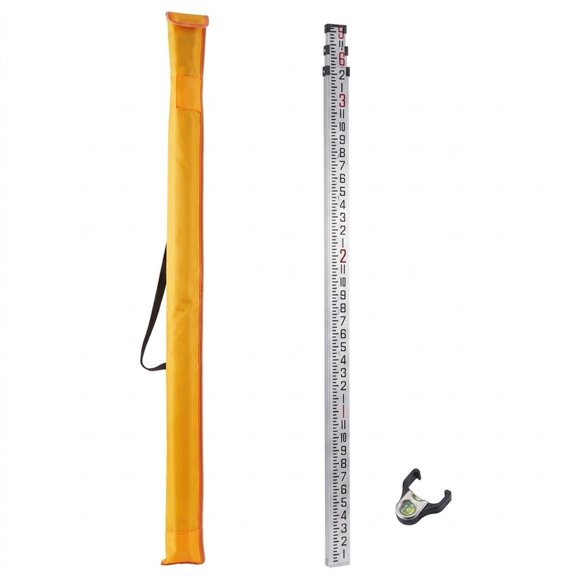 Aluminum Grade Rod 9 ft, 3-Section Telescopic Leveling Survey Rod, Double-Sided 1/8 in Scale with Bubble Level and Carrying Bag
