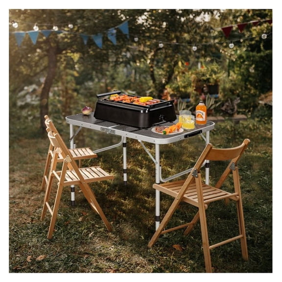 Aluminum Grill Table, Folding Camping Side Table with Iron Mesh Top, Adjustable Height Portable Picnic Table for Outdoor BBQ, Patio, 35x24 Inch