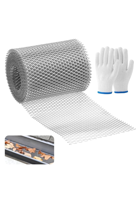 Aluminum Gutter Guard Mesh Roll with Gloves – 4.9" x 240" Heavy Duty Leaf Guard, Anti‑Clog, Easy to Cut & Install, Protects Gutters from Leaves & Debris, for Home & Roof