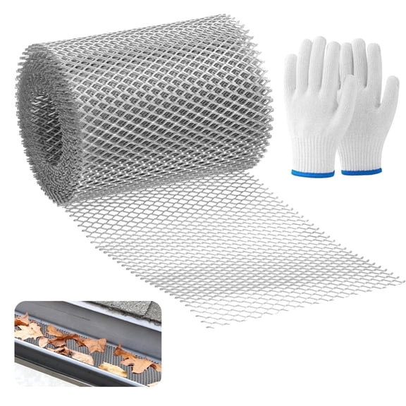 Aluminum Gutter Guard Mesh Roll with Gloves 4.9" x 240" Heavy Duty Leaf Guard, AntiClog, Easy to Cut & Install, Protects Gutters from Leaves & Debris, for Home & Roof