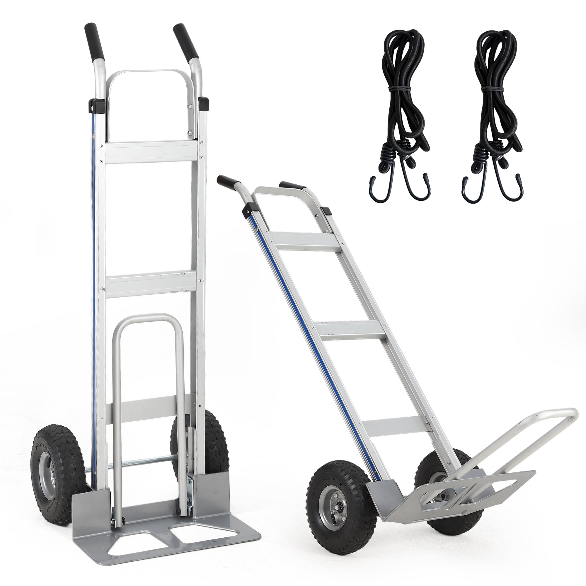 Aluminum Hand Truck Dolly Cart, 600 LBS Heavy Duty Dolly with Extendable Base, 10" Pneumatic Tires & Straps,Platform Cart for Warehouse, Moving, Supermarket Transport