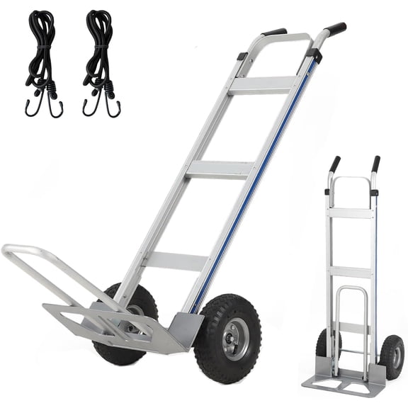 Aluminum Hand Truck Dolly Cart 600 lbs Capacity Extendable Base Plate 10 In Pneumatic Wheel Heavy Duty Moving Dolly with Straps