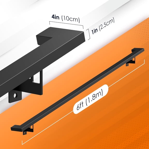 Aluminum Handrail, Stair Railing Indoor, Hand Rail, Stair Handrail, Indoor Railing, Stairwell Rails, Stairway, Staircase, Interior Steps, Basement, Modern, Flat, Metal, Mount Kit, Black 6FT