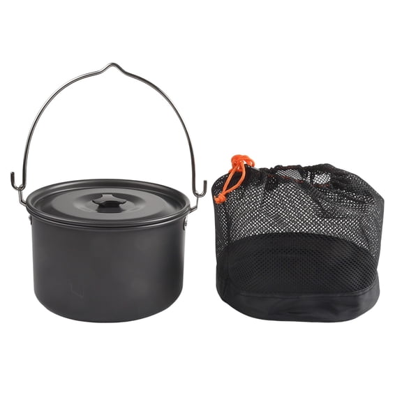 Aluminum Hanging Pot 4L for Camping - Lightweight Non- Outdoor Cooking Pot with Hard Anodized Fast Heating, for Camp Stoves(Black lid)