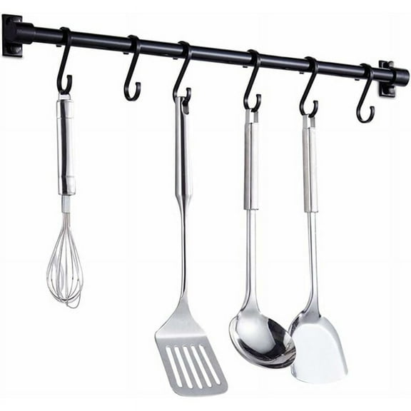 Aluminum Hanging Rail For Kitchen, Wall Mounted Utensil Rack With Adjustable Hooks, & Rough Surface Suitable, Durable & Easy Clean Kitchen Utensil Holder, Black, 40Cm /