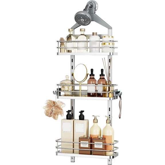 Aluminum Hanging Shower Caddy, Adjustable Bathroom Shelf with Hooks, Anti-Slip Rustproof Organizer Storage Rack Basket, Silver, 3 Tier