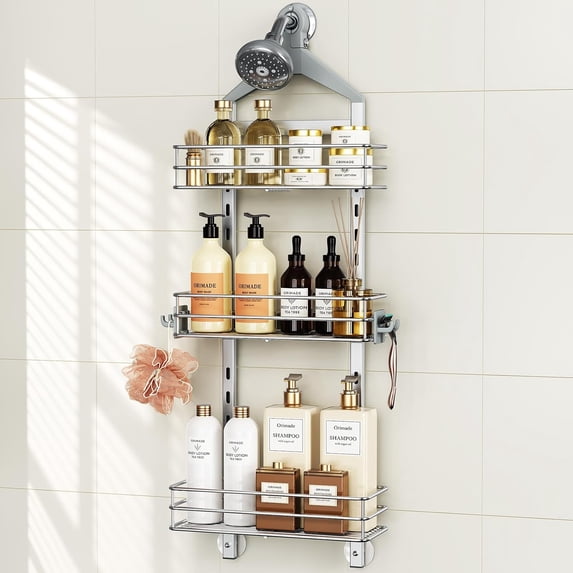Aluminum Hanging Shower Caddy Over Head, Adjustable Anti-Slip Bathroom Shelves with Hooks, Rustproof Shower Organizer Storage Rack, Silver 3 Tier